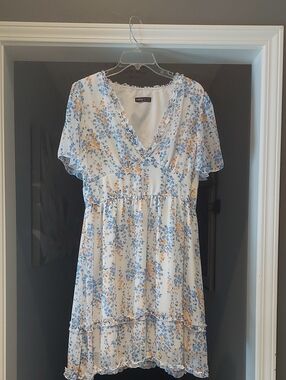 SHEIN Cream Floral Ruffle Mini Dress with Blue & Yellow Blooms